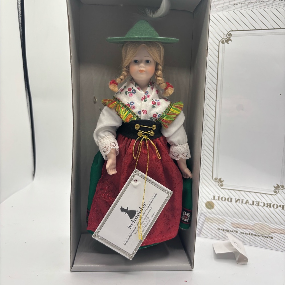 Schneider Porcelain Doll with Red and Green Outfit